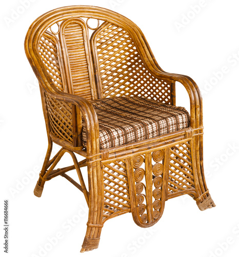 Antique indian wooden wicker armchair isolated on white