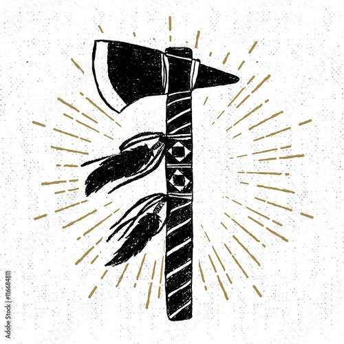 Hand drawn tribal icon with a textured tomahawk vector illustration.