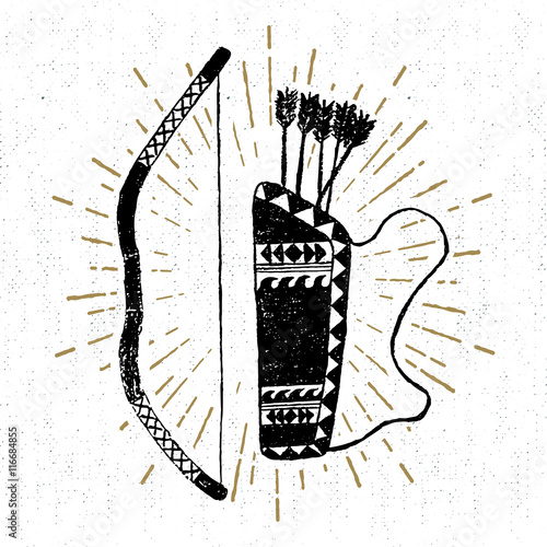 Hand drawn tribal icon with a textured bow and quiver vector illustration.