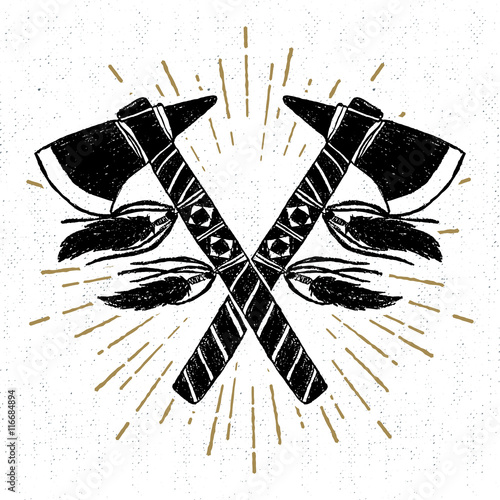 Hand drawn tribal icon with textured crossed tomahawks vector illustration.