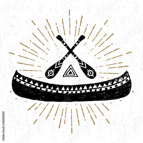 Hand drawn tribal icon with a textured canoe vector illustration.