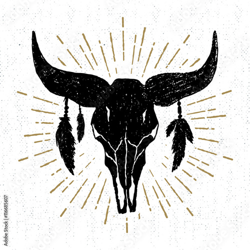Hand drawn tribal icon with a textured buffalo skull vector illustration.