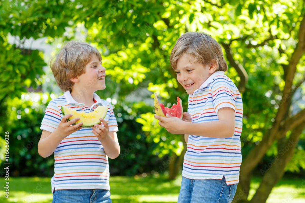 Two little preschool kid boys eating watermelon in summer Two little preschool kid boys eating watermelon in summer