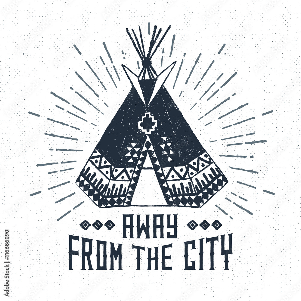 Hand drawn tribal label with textured teepee vector illustration and 