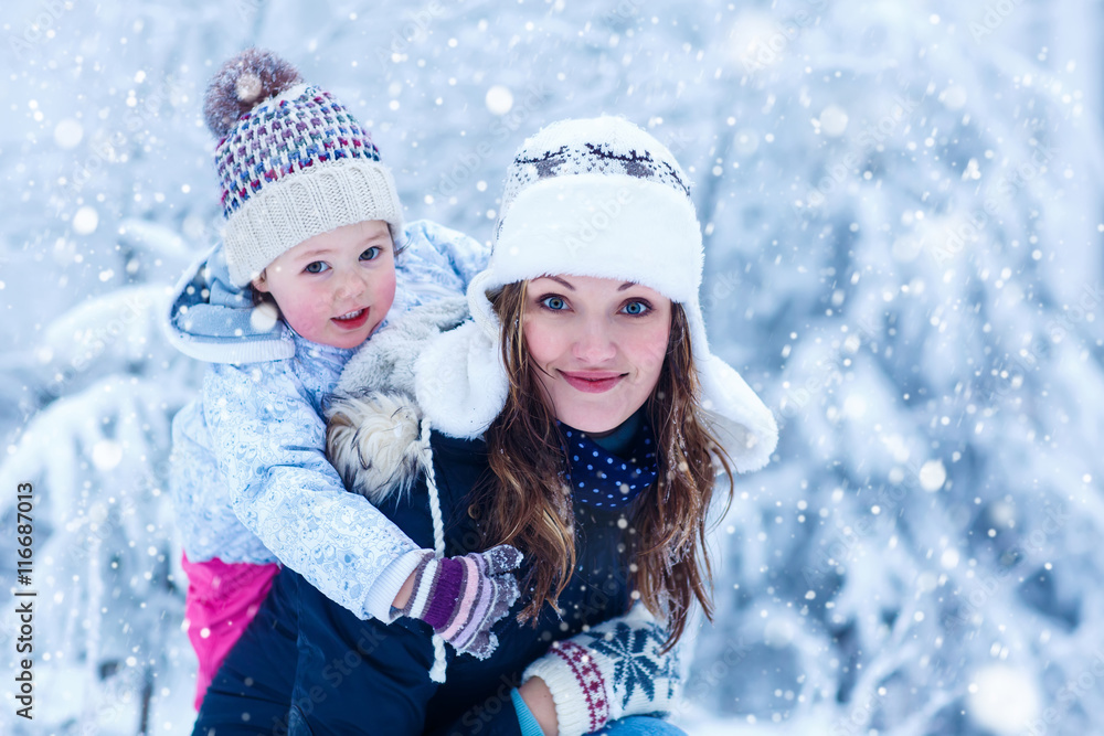 portrait of a little girl and her mother in winter hat in snow f