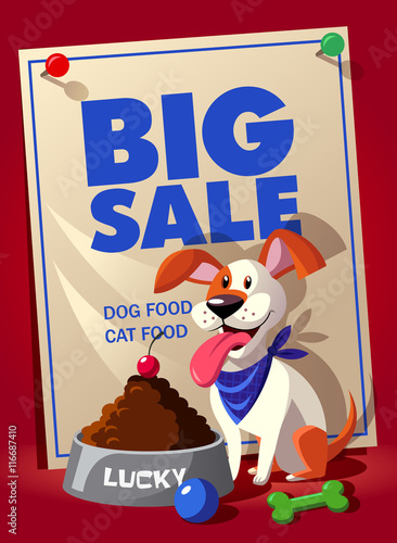 Big sale flier, banner or template with discount for pet Shop. Cute puppy with dog food and toys