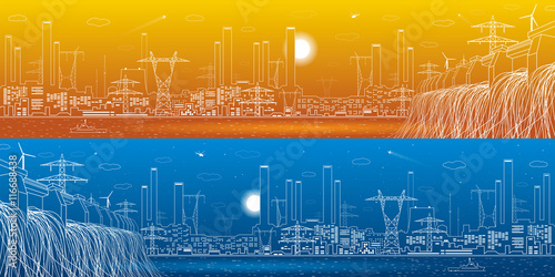 Hydro power plant, energy lines, industrial panoramic, infrastructure, day and night, vector design art