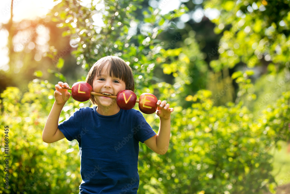 Cute little child, boy, holding a love sign, made from apples, l