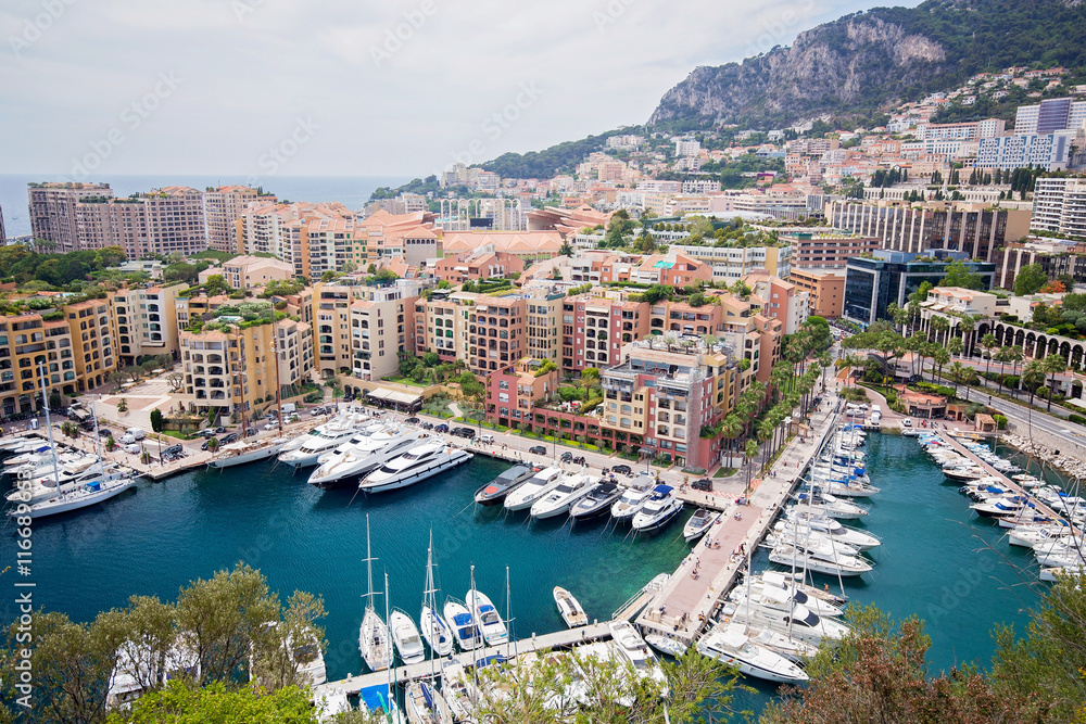 Wide view of luxury yachts in the harbor of Monte Carlo