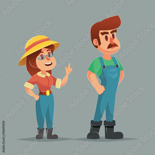 Funny cartoon Farmer gardener man and woman