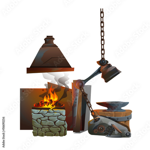 Workplace of blacksmith on white background
