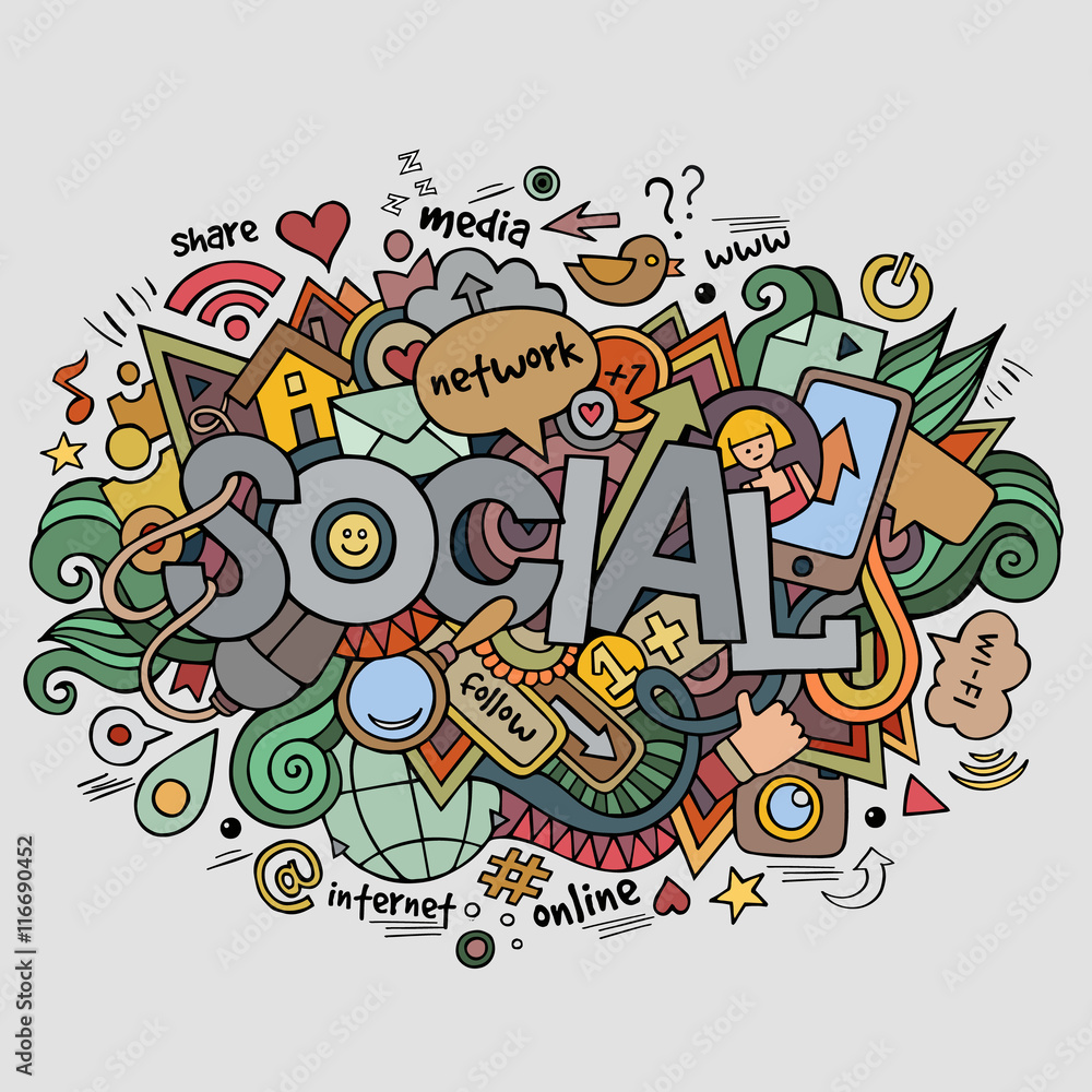 Social hand lettering and doodles elements background