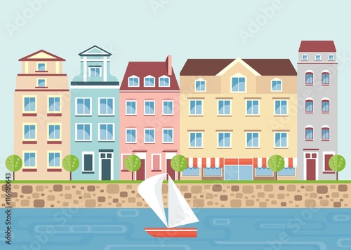Multicolored beautiful residential apartments on the waterfront. City landscape with the river, boat, trees. Objects isolated on white background. Flat cartoon vector illustration.