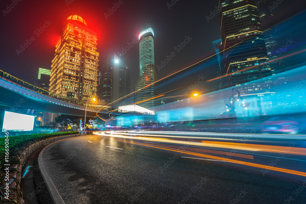 Fototapeta premium light trails at downtown district,shanghai china.