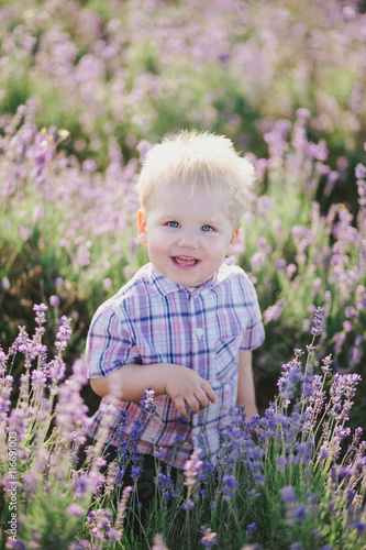 Happy little boy posing in a lavender field. Summer mood