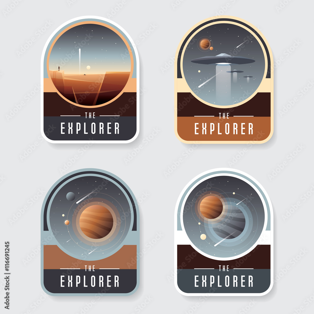 Fototapeta premium Four space badge emblems with planet mars, ufo crafts, unusual worlds and asteroids in retro vintage style