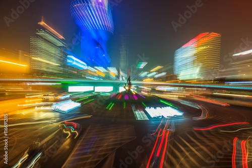 light trails at downtown district,shanghai china.