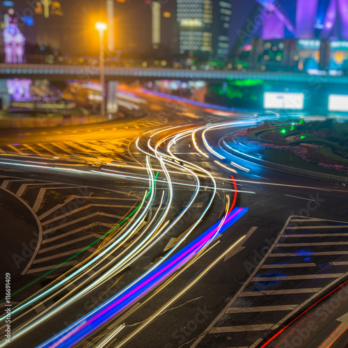 light trails at downtown district,shanghai china.