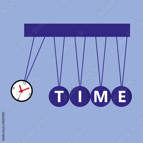 Time Management concept with a Newton pendulum where one of the balls is a clock face about to impact on the others