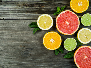 Fruit on rustic wood background