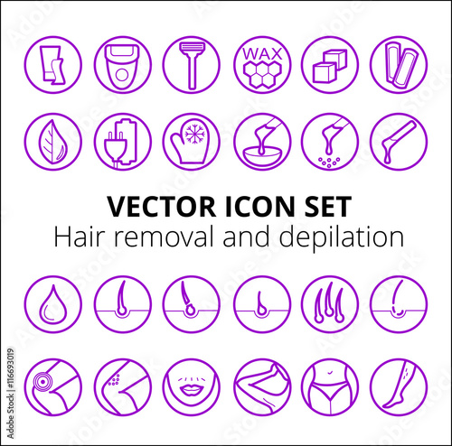 Thin lines web icon set - Depilation and epilation. Sugaring, waxing, hair removing. Allergy, skin irritation, pain icons.