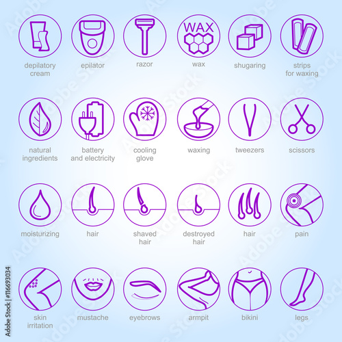 Thin lines web icon set - Depilation and epilation. Sugaring, waxing, hair removing. Allergy, skin irritation, pain icons.