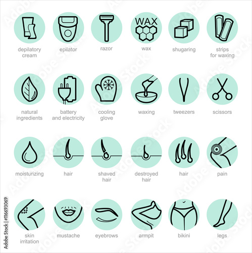 Thin lines web icon set - Depilation and epilation. Sugaring, waxing, hair removing. Allergy, skin irritation, pain icons.