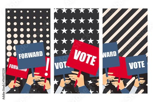 Election poster, voters support, people with placards. Vector.