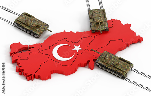 Tanks moving through the Turkish map and flag. 3D illustration photo