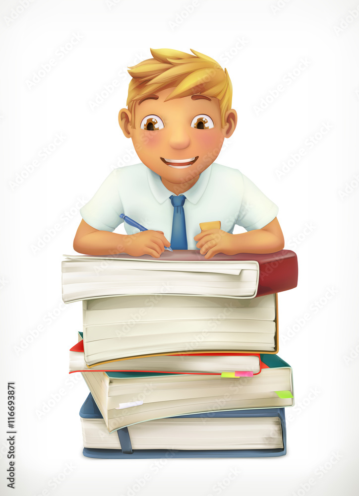 Pupil and school textbooks. Little boy cartoon character. Vector icon