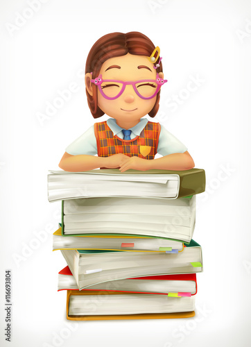 Pupil and school textbooks. Little girl cartoon character. Vector icon