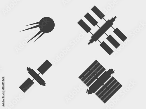 A set of satellites, icons. Space station with solar panels. Vector illustration.