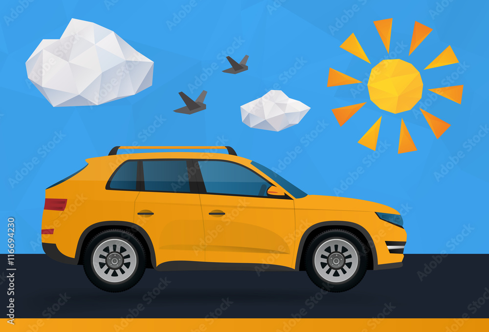 Big family car on trip with polygonal sun, birds and clouds vector illustration