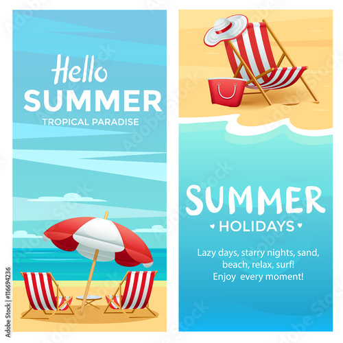Summer poster template with beach chair, umbrella, ocean and sand, realistic detailed vector illustration