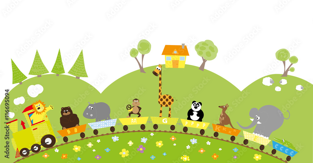 Cartoon train with funny, nice wild animals and rural background with hills, trees, sheeps Stock Vector | Adobe Stock Cartoon train with funny, nice wild animals and rural background with hills, trees, sheeps Stock Vector | Adobe Stock