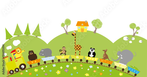 Cartoon train with funny  nice wild animals and rural background with hills  trees  sheeps