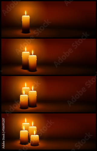 3D Vector Christmas and Advent Candles with Candlelight - Brown and Warm Horizontal Panorama Banner Templates with Light.