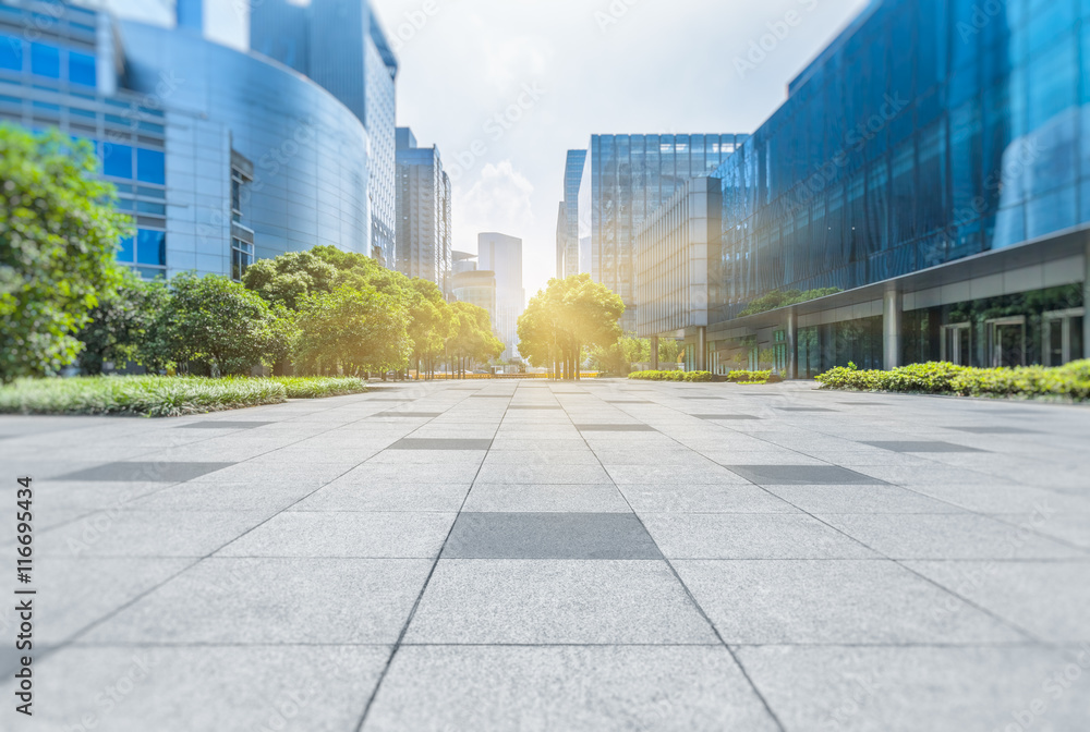 Empty brick floor with modern buildings in Shanghai