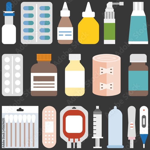 Medicine collection set 1. Bottles, tablets, capsules, sprays and equipment, flat design