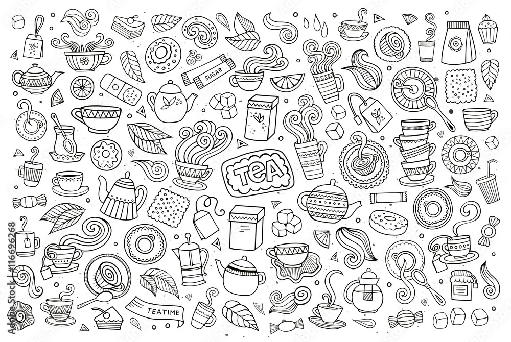 Tea time doodles hand drawn sketchy vector symbols 