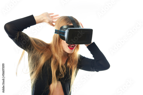 young girl in virtual reality helmet