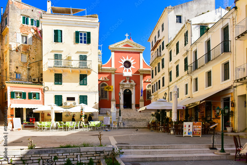 Corfu Town main square. Kerkyra island, in the Mediterranean sea