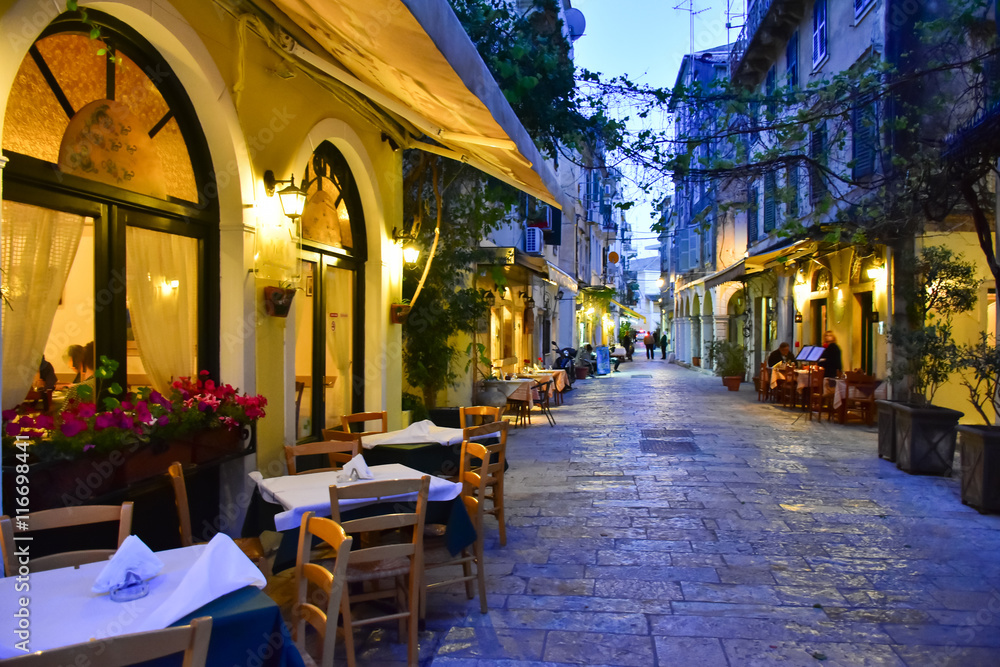 Corfu town streets by night. Kerkyra, Greece.