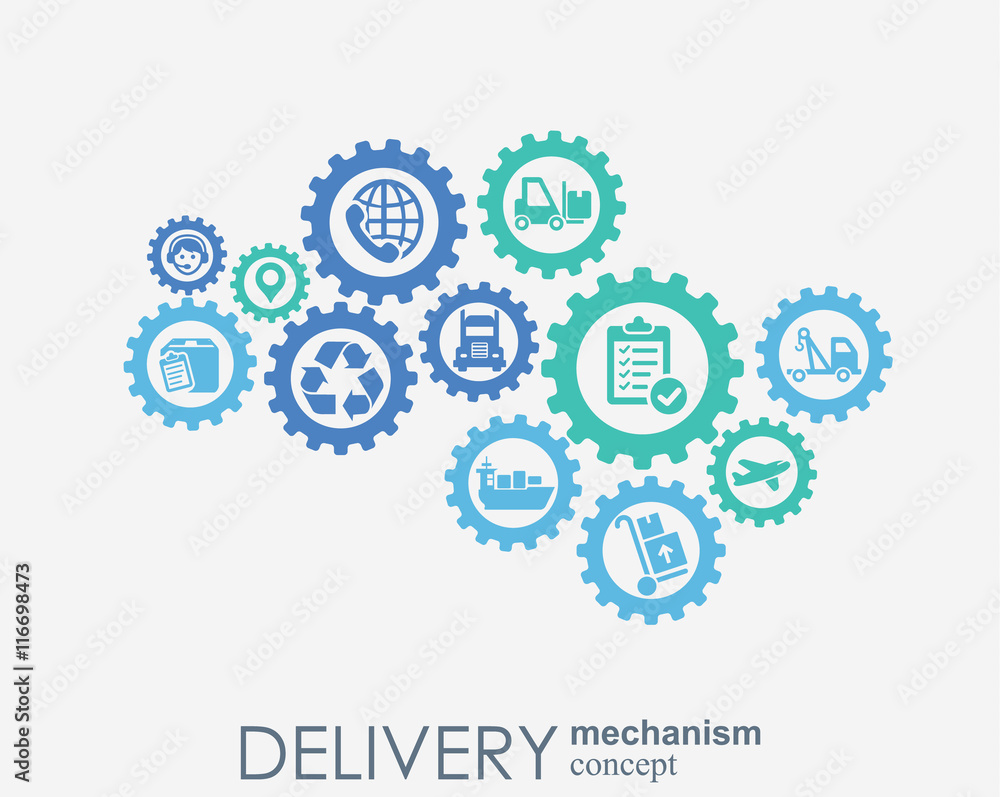 Delivery mechanism concept. Abstract background with connected gears and icons for logistic, service, strategy, shipping, distribution, transport, market, communicate concepts. Vector interactive. Delivery mechanism concept. Abstract background with connected gears and icons for logistic, service, strategy, shipping, distribution, transport, market, communicate concepts. Vector interactive.