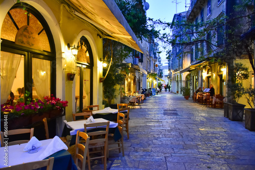 Corfu town streets by night. Kerkyra  Greece.