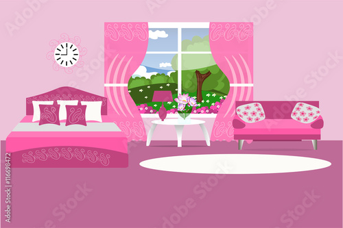 Bedroom interior vector illustration. Bedroom in pink color. Furniture for bedroom decor