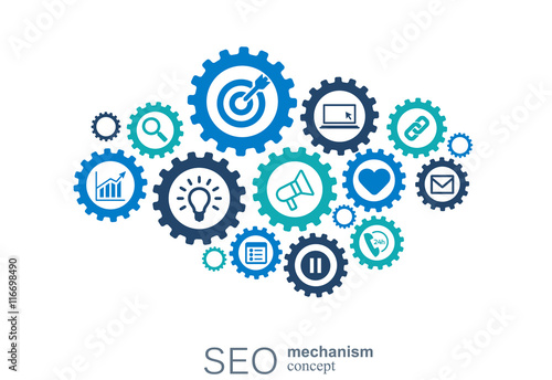 SEO mechanism concept. Abstract background with integrated gears and icons for strategy, digital, internet, network, connect, analytics, social media and global concepts. Vector infographi.