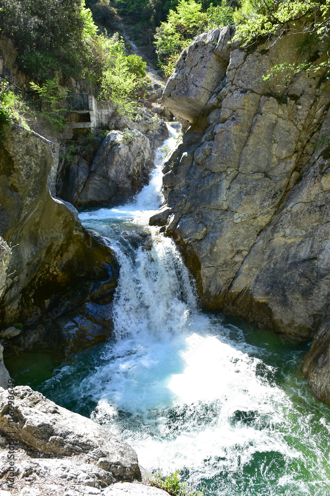Zeus waterfall in the Olymp Mountain in Greece. Tourist attracti