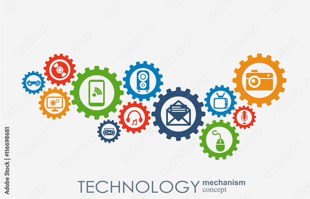 Technology mechanism concept. Abstract background with integrated gears and icons for digital, strategy, internet, network, connect, communicate, social media and global concepts. Vector infographic. Technology mechanism concept. Abstract background with integrated gears and icons for digital, strategy, internet, network, connect, communicate, social media and global concepts. Vector infographic.