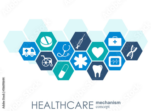 Healthcare mechanism concept. Abstract background with connected gears and icons for medical, health, strategy, care, medicine, network, social media and global concepts. Vector infographic.